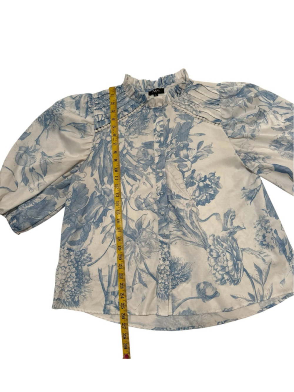 AVE Linen Floral Blouse Womens XL Ruffle Collar Covered Buttons Balloon Sleeves - Picture 12 of 17